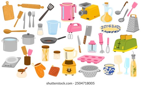 Kitchenware set. Kitchen utensils, tools, equipment and cutlery for cooking. Cook appliances and accessories collection. Flat vector illustrations of cookware objects isolated on white background