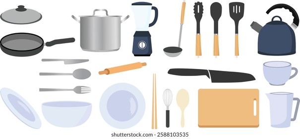 Kitchenware set. Kitchen utensils, tools, equipment and cutlery for cooking. Cook appliances and accessories collection. vector illustrations of cookware objects isolated on white background