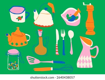 Kitchenware set. Kitchen utensils, tools, equipment and cutlery for cooking. Cook appliances and accessories collection. Flat vector illustrations of cookware objects isolated on white background