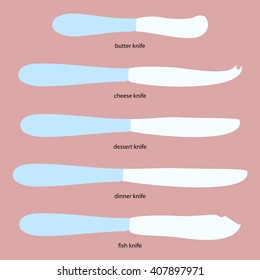 Kitchenware. Set of knives with names (butter, cheese, dessert,  dinner, fish). Flat icons.