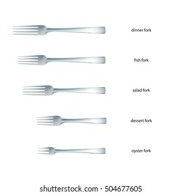 Kitchenware. Set of realistic forks with names. Salad, dessert, fish, oyster, dinner. Silverware.