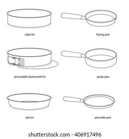 Kitchenware. Set of tins and pans, names (cake, removable-bottomed, pie, frying, saute, pancake). Realistic outlines