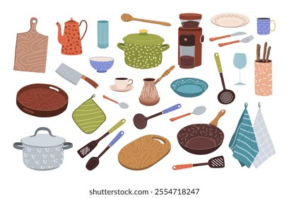 Kitchenware set. Utensils, kitchen tools and equipment for cooking. Appliances, cutlery and kitchen gadgets collection. Isolated flat vector illustrations on white background.