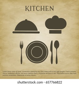 Kitchenware set-vector illustration. Background of brown grunge. Plates forks knives spoons chefs hat.