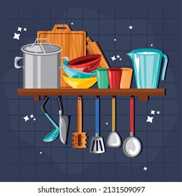 kitchenware in the shelf and pot