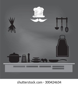 kitchenware sign on chalk board background,  cooking book page concept vector illustration