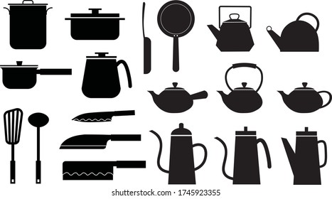 Kitchenware, silhouette, black and white illustration