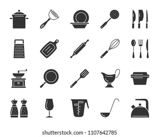Kitchenware silhouette icons set. Isolated monochrome web sign kit of cookware. Dishware pictogram collection includes spoon fork knife, lid, pot. Simple kitchenware symbol Vector Icon shape for stamp