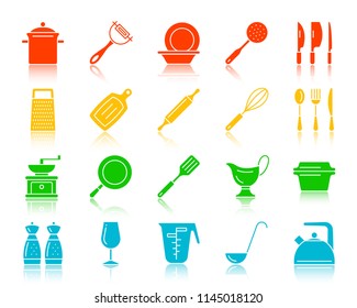 Kitchenware silhouette icons set. Sign kit of cookware. Dishware pictogram collection includes egg beater grater peeler. Simple kitchen ware symbol with reflection. Vector Icon shape isolated on white