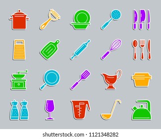 Kitchenware silhouette sticker icons set. Sign kit of cookware. Dishware pictogram collection includes frying pan, lid, utensil. Simple kitchen ware vector icon shape for badge, pin, patch, embroidery