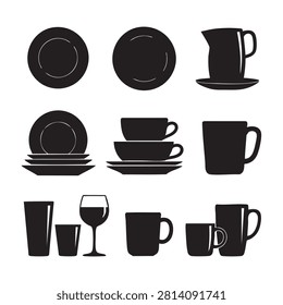 Kitchenware silhouettes set including plates cups mugs glasses and pitcher isolated on white background. Flat vector illustration showing tableware elements collection for dining household decor design object. Kitchen equipment shape set. Ceramic and glass tableware graphic collection.