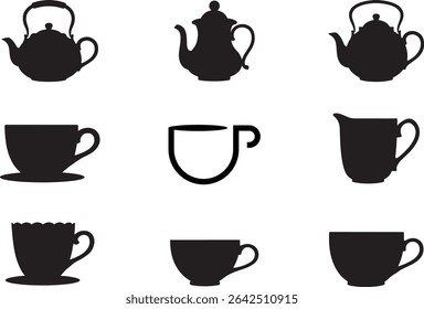  Silhuetas de utensílios de cozinha vetor conjunto xícaras xícaras canecas ícones de café