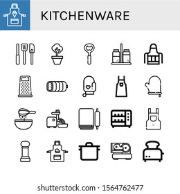 kitchenware simple icons set. Contains such icons as Apron, Kitchen tools, Pot, Bottle opener, Salt and pepper, Grater, Boiled, Oven mitt, can be used for web, mobile and logo