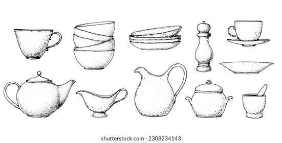 Kitchenware sketch collection. Kitchen utensils sketch set. Hand drawn vector illustration.  Cup, plates, spice grinder, teapot, jug, spice mortar, bowl, creamer