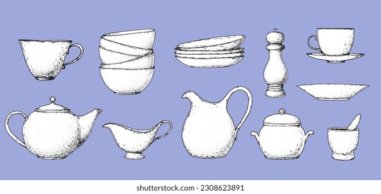 Colección de sketch de artículos de cocina. Juego de boceto de utensilios de cocina. Ilustración vectorial dibujada a mano. Taza, platos, molinillo de especias, tetera, jarra, mortero de especias, tazón, crema