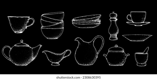 Colección de sketch de artículos de cocina. Juego de boceto de utensilios de cocina. Ilustración vectorial dibujada a mano. Taza, platos, molinillo de especias, tetera, jarra, mortero de especias, tazón, crema