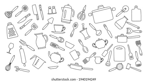 Kitchenware sketch set. Doodle line vector kitchen utensils, tools and cutlery.Kettle, saucepan, cezve, plate, cup and bowl. Whisk, spoon, knife, scissors, ladle and spatula