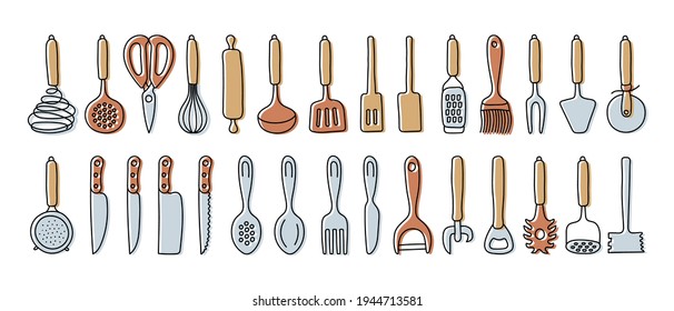 Kitchenware sketch set. Doodle line vector kitchen utensils, tools and cutlery. Whisk, slotted spoon, scissors, rolling pin, ladle and spatula. Sieve, knife, spoon, fork, peeler and opener. 