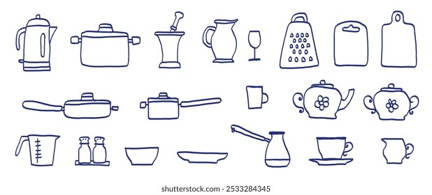 Kitchenware sketch set. Vector kitchen utensils and tools. Kettle, saucepan, ladle, cezve, plate, cup and bowl. Hand drawn sketch. Blue pen or marker drawing. Primitive kids picture