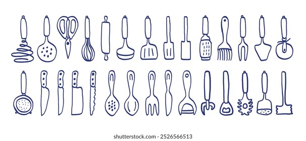 Kitchenware sketch set.Vector kitchen utensils, tools and cutlery. Whisk, slotted spoon, scissors, rolling pin, ladle and spatula. Sieve, knife, spoon, fork, peeler and opener. Hand drawn blue pen