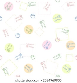 kitchenware, spoon and rice ornament seamless pattern. Kitchen doodle print on white background. 