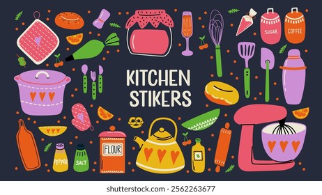 Kitchenware stickers in cartoon style. Crockery, cutlery, kitchen equipment for cooking. Bright set of cooking elements. Pan, spoon, fork, frying pan. Vector set