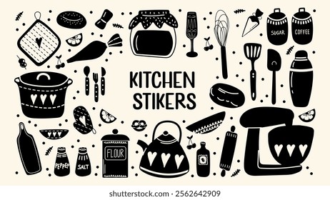 Kitchenware stickers in cartoon style. Crockery, cutlery, kitchen equipment for cooking. Bright set of cooking elements. Pan, spoon, fork, frying pan. Vector set