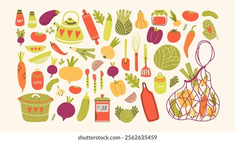 Kitchenware stickers in cartoon style and set fresh vegetable. Bright set of cooking elements. Pan, spoon, fork, frying pan, tomatoes, cucumbers, broccoli, carrots, onions. Vegetarian vector set