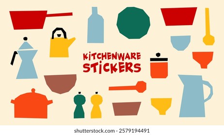 Kitchenware stickers in flat and naive style. Crockery, cutlery, kitchen equipment for cooking. Bright set of cooking elements. Pan, spoon, fork, frying pan. Vector set.