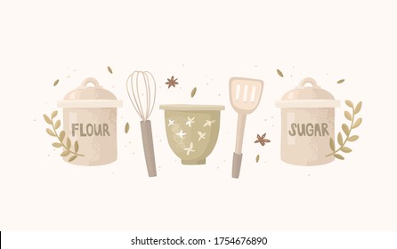 Kitchenware. Storage jars with the words "flour" and "sugar". Bowl, whisk, spatula. Cooking at home, pastries, sweets, pancakes. Flat style icons. Background with texture. Template for text, postcard.