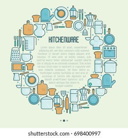 Kitchenware and tableware concept in circle with thin line icons set. Vector illustration for cooking recipes, menu, shop, web site, app. 