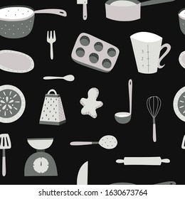 Kitchenware, tableware, cutlery seamless pattern. Vector background with kitchen equipment for cooking