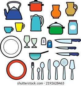 Kitchenware and tableware items. Teapots, coffeepots, casseroles, jugs, cups, mugs, dishes, cutlery etc. Clean vector illustrations isolated on white background 