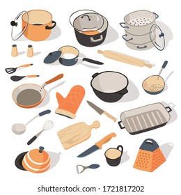 Kitchenware and tableware set, collection of objects for kitchen. Saucepan and pan, spatula and spoon, grill and cutting board with knife. Dishware for cooking and food preparation, vector in flat