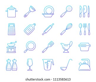 Kitchenware thin line icons set. Outline vector web sign kit of cookware. Dishware linear icon collection includes pot, baking pan, peeler. Modern gradient simple kitchenware symbol isolated on white