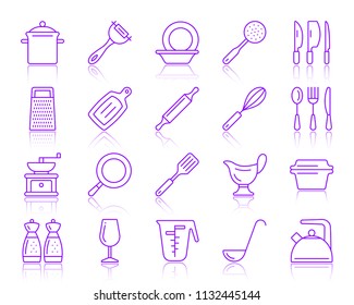 Kitchenware thin line icons set. Outline vector sign kit of cookware. Dishware linear icon collection includes peeler grater kettle. Simple kitchen ware purple symbol with reflection isolated on white