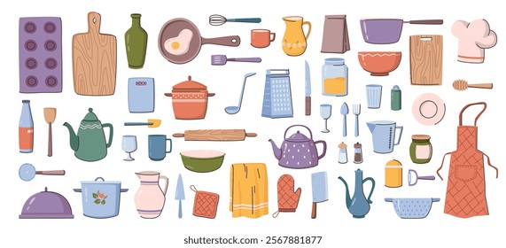 Kitchenware and tools, appliances and cutlery for cooking. Vector kitchen utensils, equipment and accessories collection. Pan and grater, pot and kettle, apron and potholder, knives and cups