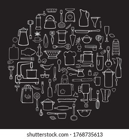 Kitchenware and tools for cooking. Cartoon color vector round composition for the design of menus, cookbooks, cards, posters. Isolated linear illustration on a black background.