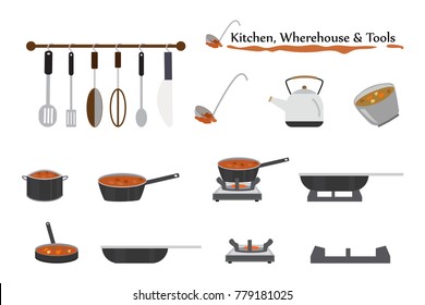 Kitchenware and tools for home and restaurant in free space. anime, cartoon, background - vector illustration Eps 10