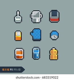 kitchenware tools icons, pixel art style, 16x16 pixels resolution. vector illustration.