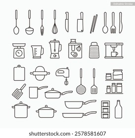 Kitchenware and utensil linear icon set vector illustration. Home kitchen tools symbol sign. Simple thin line outline . Editable stroke