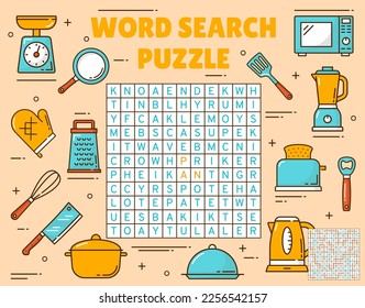 Kitchenware and utensil. Word search puzzle game worksheet. Quiz grid. Crossword playing activity, vocabulary puzzle or vector quiz with kitchen scales, kettle, toaster and blander, microwave, grater