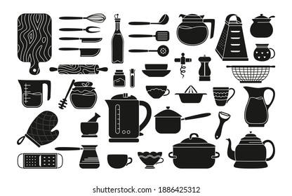 Equipo de cocina y utensilios de glifo negro. Modernas herramientas de cocina para cocinar, equipos. taza de platos, tetera de tachuelas. Objetos de colección de utensilios dibujados a mano. Preparación de alimentos. Ilustración del vector