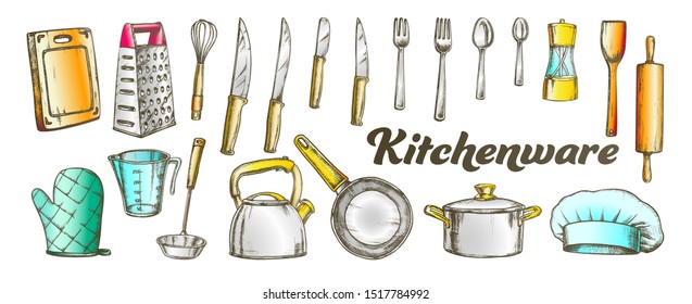 Kitchenware Utensils Collection Color Set Vector. Spoons And Forks, Chef Hat And Scapula, Rolling Pin And Teapot Kitchenware. Engraving Template Hand Drawn In Vintage Style Illustrations