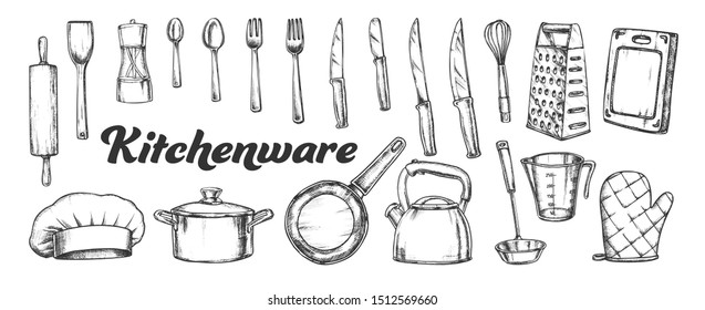 Kitchenware Utensils Collection Ink Set Vector. Spoons And Forks, Chef Hat And Scapula, Rolling Pin And Teapot Kitchenware. Engraving Template Hand Drawn In Vintage Style Black And White Illustrations