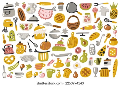 Kitchenware and utensils. Cooking baking kitchen tools. Chef cook equipment pan, bowl, kettle and pot, knives and cutlery, flat vector set. Cute elements for food preparation and eating collection