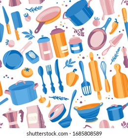 Kitchenware and utensils. Cooking flat hand drawn seamless pattern. Kitchen appliance decorative colorful illustration. Kitchen textile, vector background.