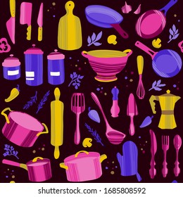 Kitchenware and utensils. Cooking flat hand drawn seamless pattern. Kitchen appliance decorative colorful illustration. Kitchen textile, vector background.