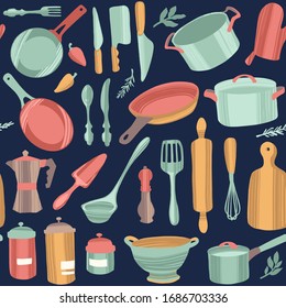 Kitchenware and utensils. Cooking flat hand drawn seamless pattern. Kitchen appliance decorative colorful illustration. Kitchen textile, vector background.