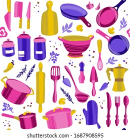 Kitchenware and utensils. Cooking flat hand drawn seamless pattern. Kitchen appliance decorative colorful illustration. Kitchen textile, vector background.